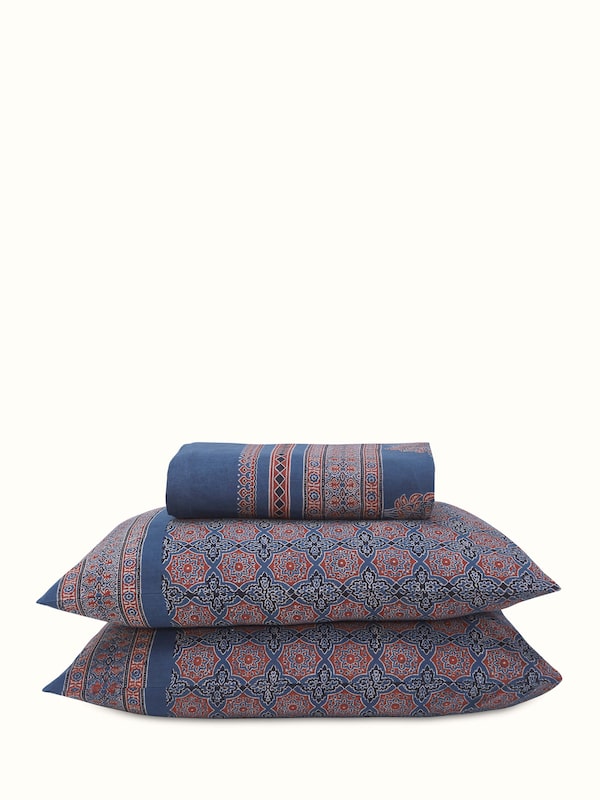 Sindh Blue Jaal Cotton Ajrakh Hand Block Print Queen-size Bedspread Set