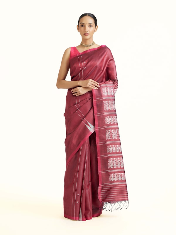 Maroon Tussar Silk Odisha Ikat Saree