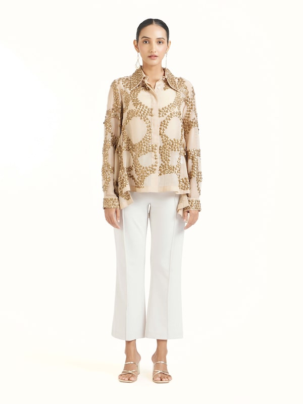 Beige Hand Embroidered Organza Gold Shirt
