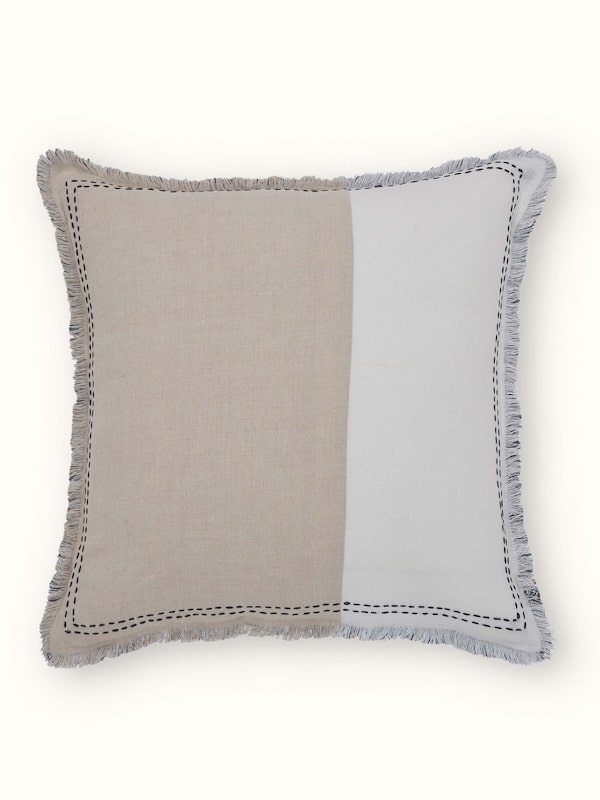 Kahani Beige Ivory Linen Kantha Hand Embroidery Cushion Cover