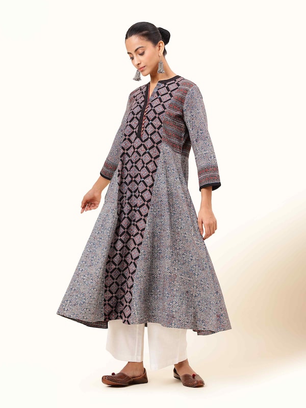 Black Cotton Ajrakh Block Printed Flared Kurta