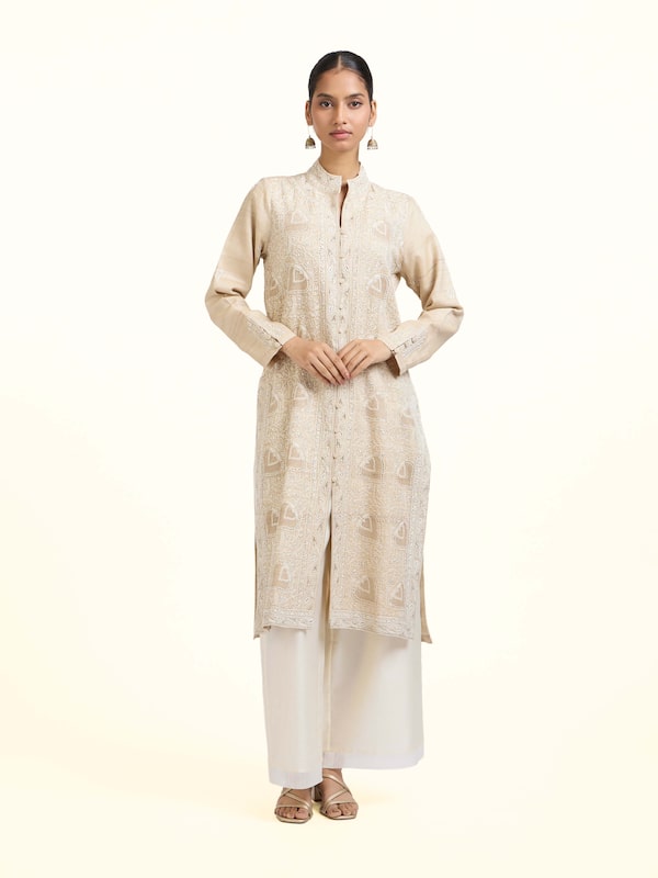 Beige Tussar Silk Chikankari Jacket Style Kurta