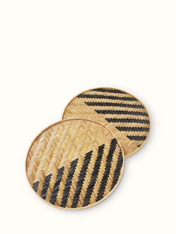 Naveena Black Geometric Round Natural Fibre Bamboo Trivets (2 Pcs)