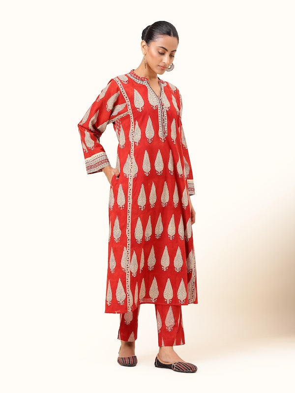 Red Cotton Bagru Block Printed Pants