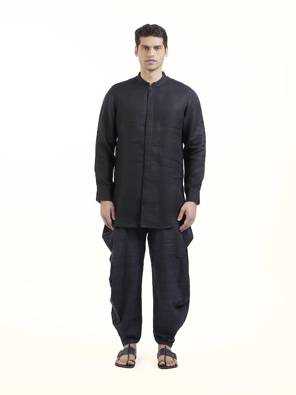 Black Linen Handloom Kurta Set