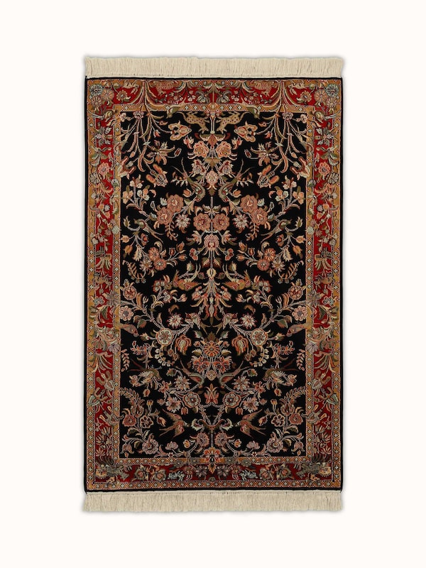 Traditional Persian Black Garden Kashmir Silk Hand-knotted Rug