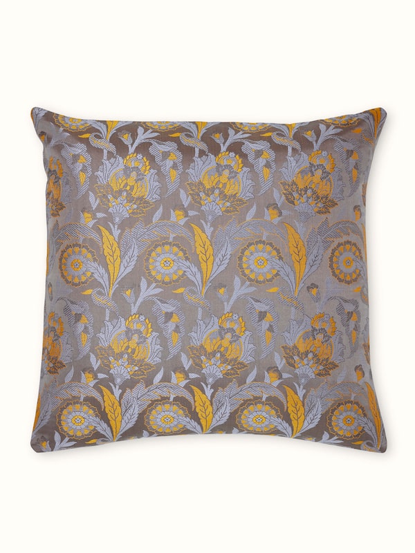 Mandara Grey Floral Silk Tanchoi Banarasi Handloom Cushion Cover