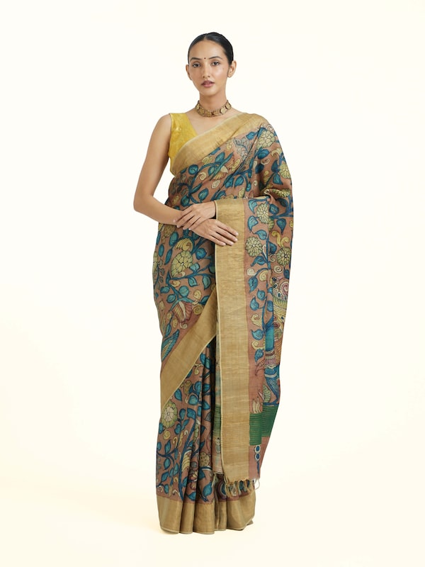 Beige Kalamkari Tussar Silk Saree