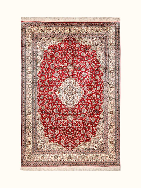 Traditional Persian Red Ivory Kashan Kashmir Silk Hand-Knotted Carpet