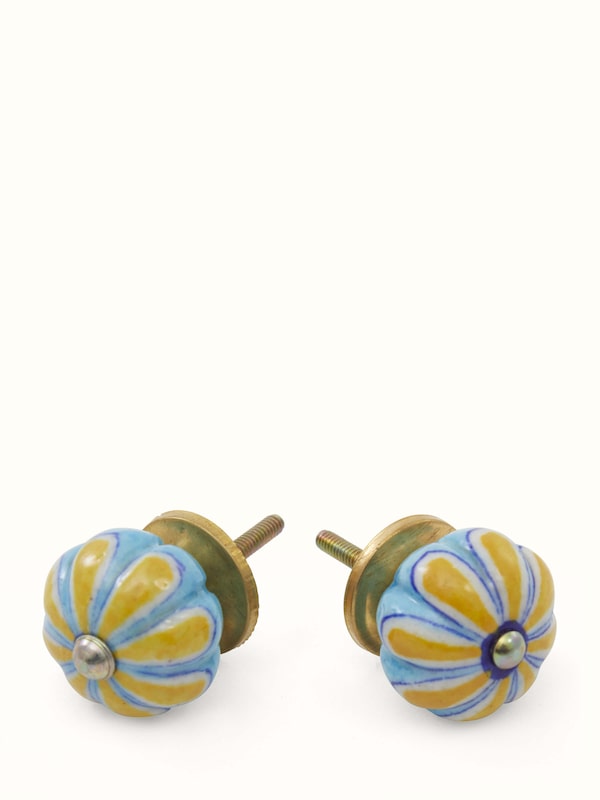 Blue Pottery Round Rib Door Knob Set