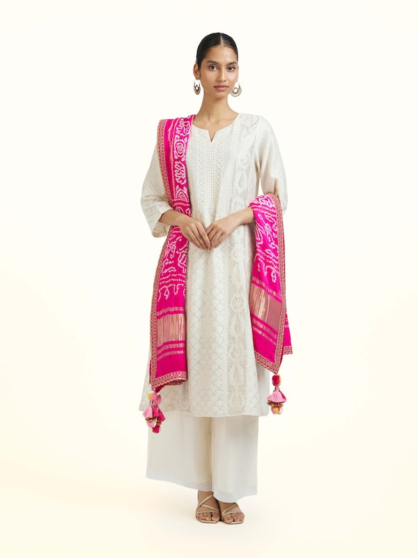 Pink Silk Bandhani Zardozi Embroidered Dupatta