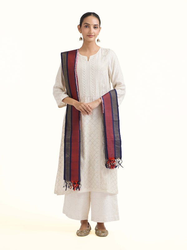 Pink & Blue Silk Ikat Zari Dupatta