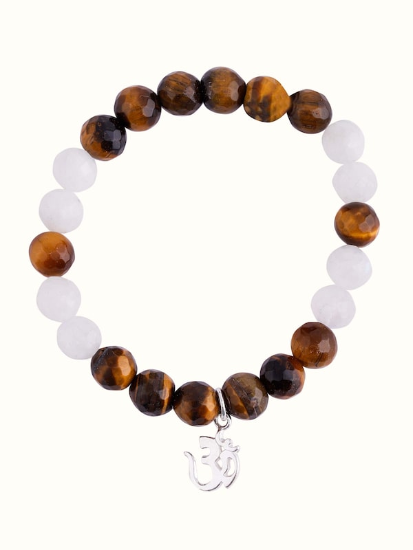 Tiger Eye & White Moonstone Om Silver Bracelet