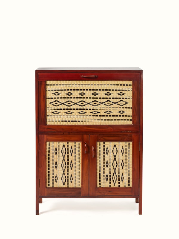 Teak Wood & Cane Bar Cabinet