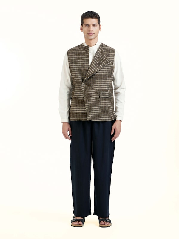 Brown Handloom Sleeveless Jacket
