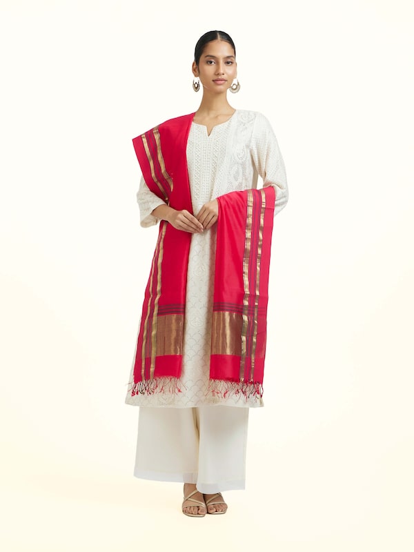 Red Cotton Silk Maheshwari Zari Border Dupatta