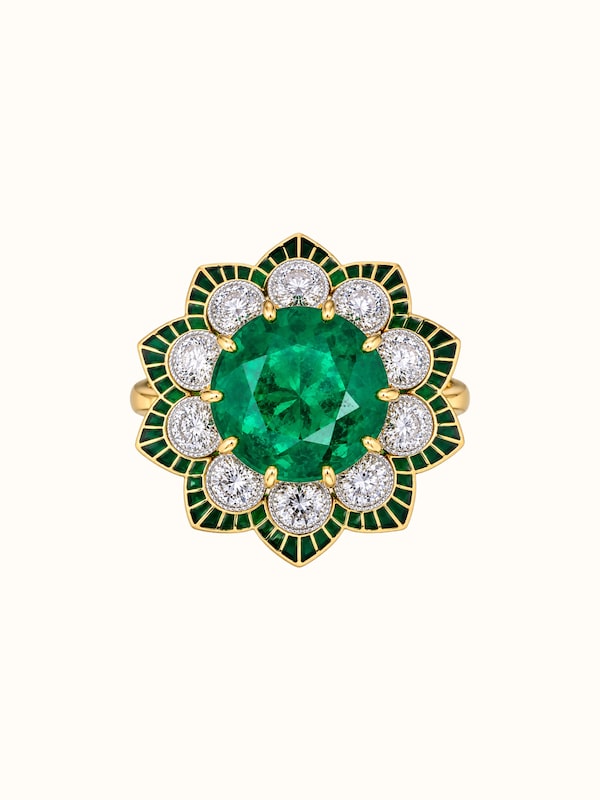 Open Setting 18 Karat Yellow Gold Ring with Diamonds and Emeralds
