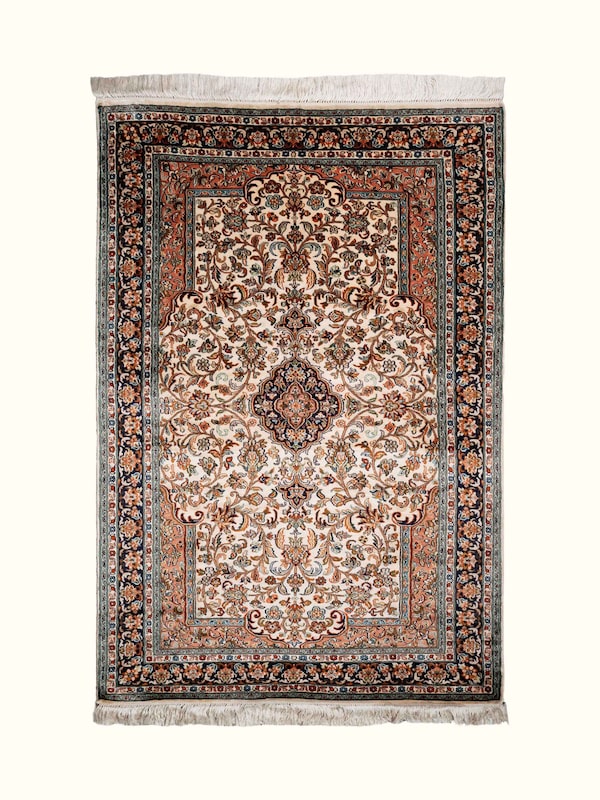 Traditional Persian Ivory Rust Kashan Kashmir Silk Hand-Knotted Carpet