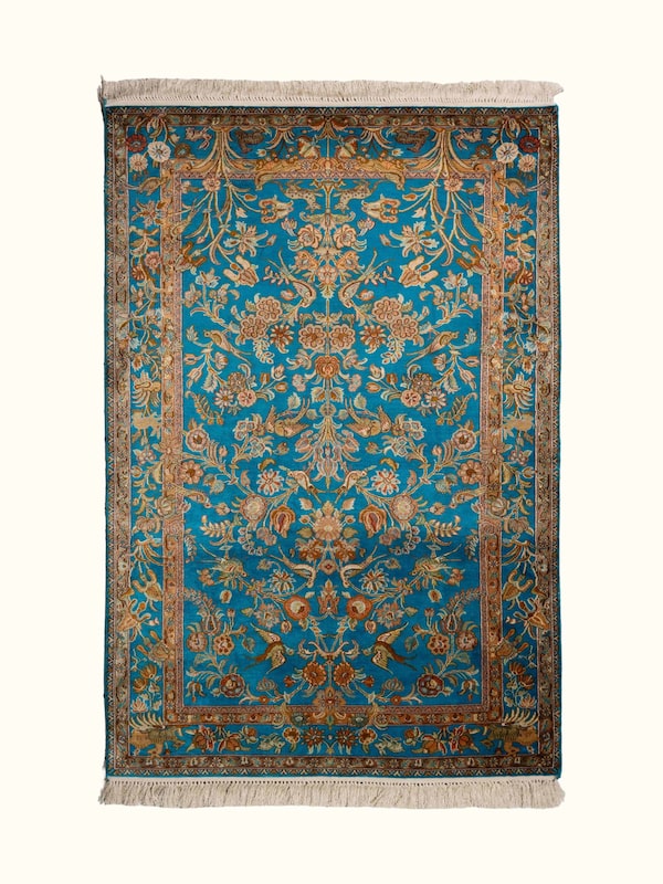 Traditional Persian Blue Mahal Kashmir Silk Hand-Knotted Carpet