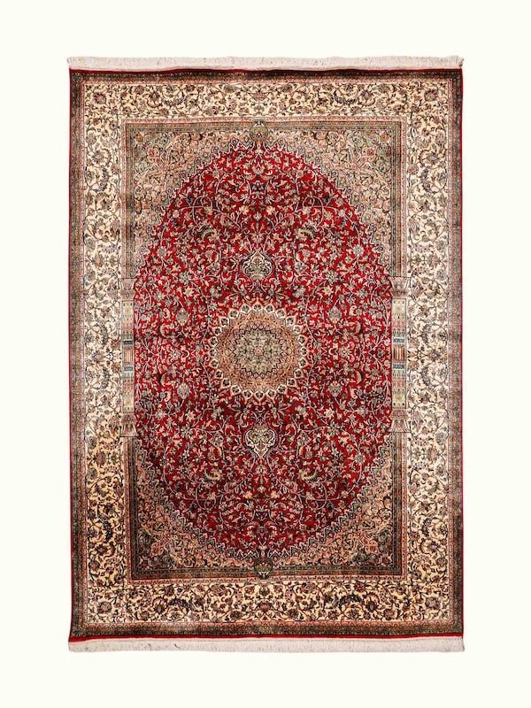Traditional Persian Red Ivory Kashan Kashmir Silk Hand-Knotted Carpet