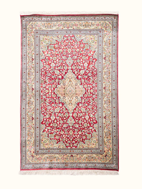 Traditional Persian Red Ivory Kashan Kashmir Silk Hand-Knotted Carpet