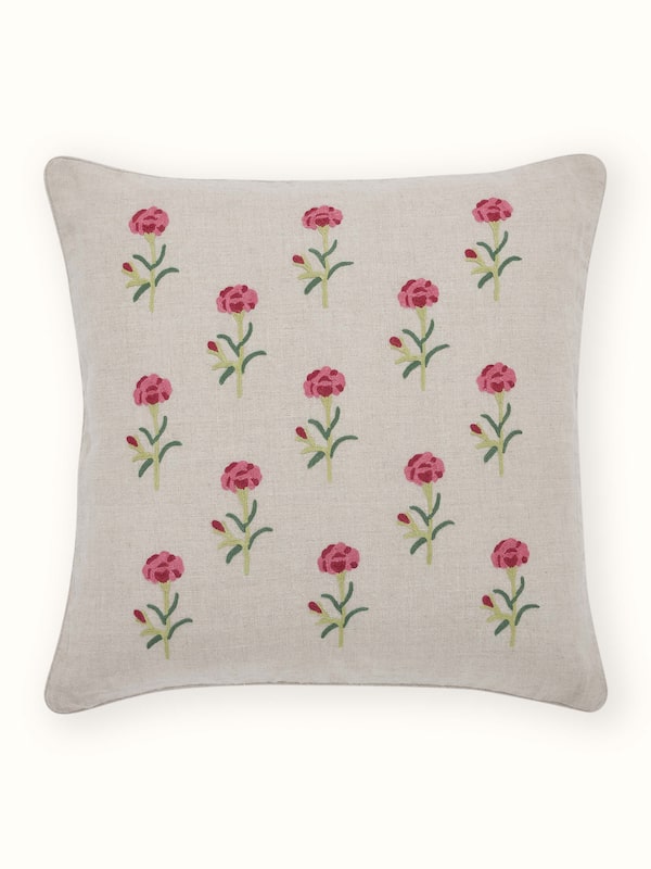 Mughal Miniature Magenta Buti Linen Kashmir Chain Stitch Hand Embroidery Cushion Cover
