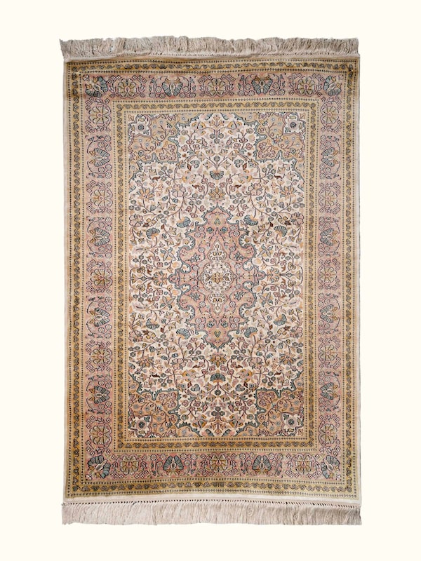 Traditional Persian Ivory Kashan Kashmir Silk Hand-Knotted Carpet