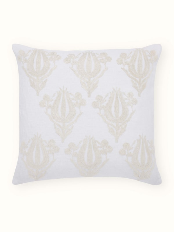 Razza Ivory Buta Linen Kashmiri Kashmir Chain Stitch Hand Embroidery Cushion Cover