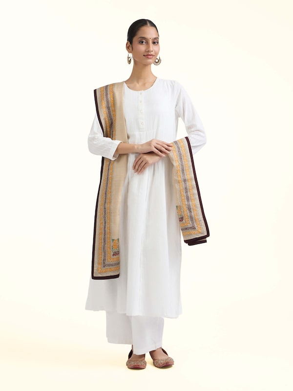 Beige Tussar Silk Kantha Embroidered Dupatta