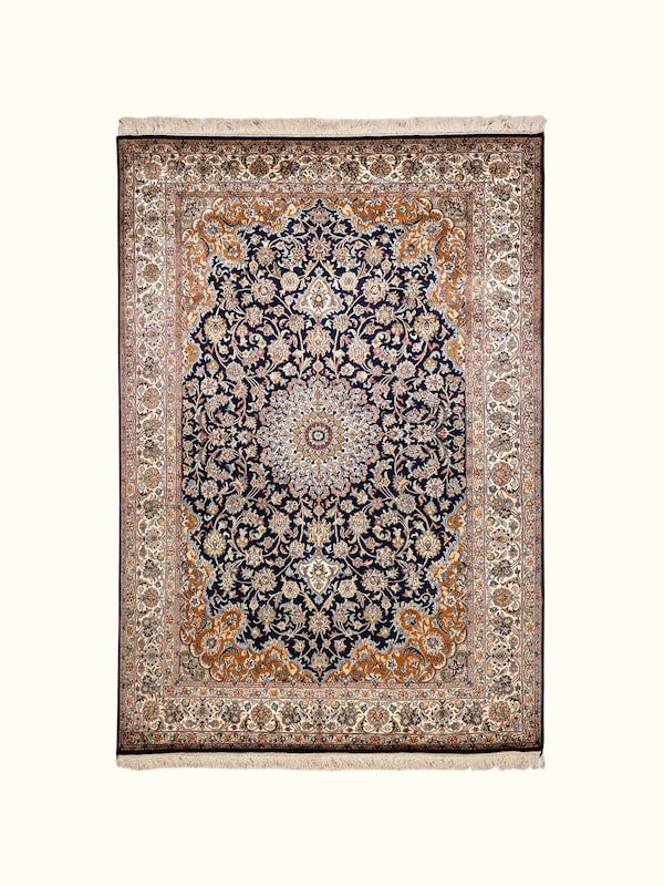Traditional Persian Navy Rust Kashan Kashmir Silk Hand-Knotted Carpet