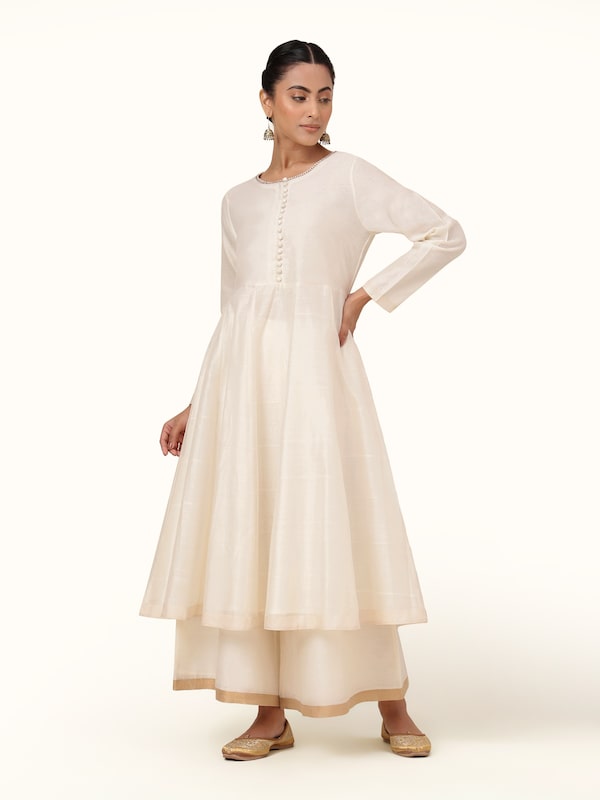 Off-white Cotton Silk Chanderi Anarkali Kurta