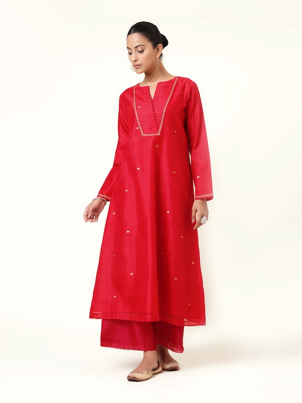 Red Cotton Silk Chanderi A-Line Kurta