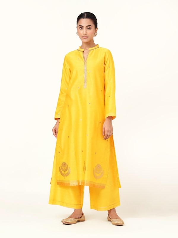 Yellow Cotton Silk Chanderi A-Line Kurta