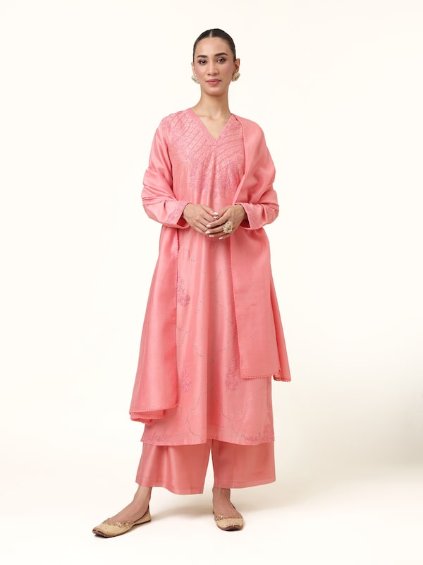 Pink Cotton Silk Chikankari Kurta Set (3 Pcs)