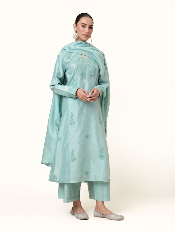 Sea Blue Cotton Silk Chikankari Kurta Set (3 Pcs)