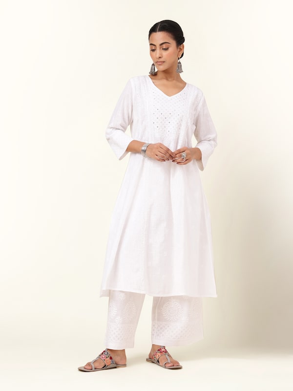 White Cotton Chikankari A-Line Kurta with V-Neck