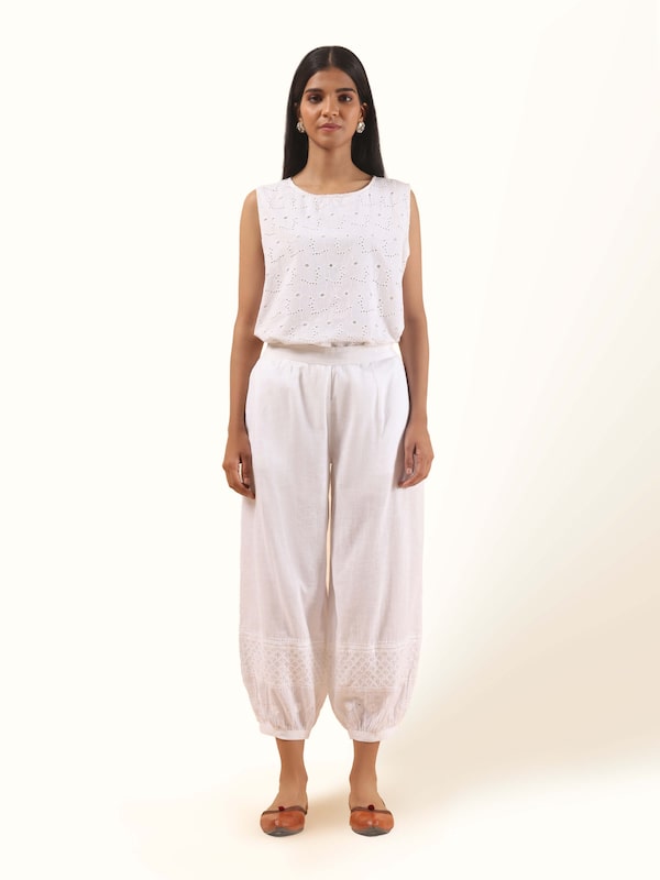White Cotton Chikankari Harem Pants