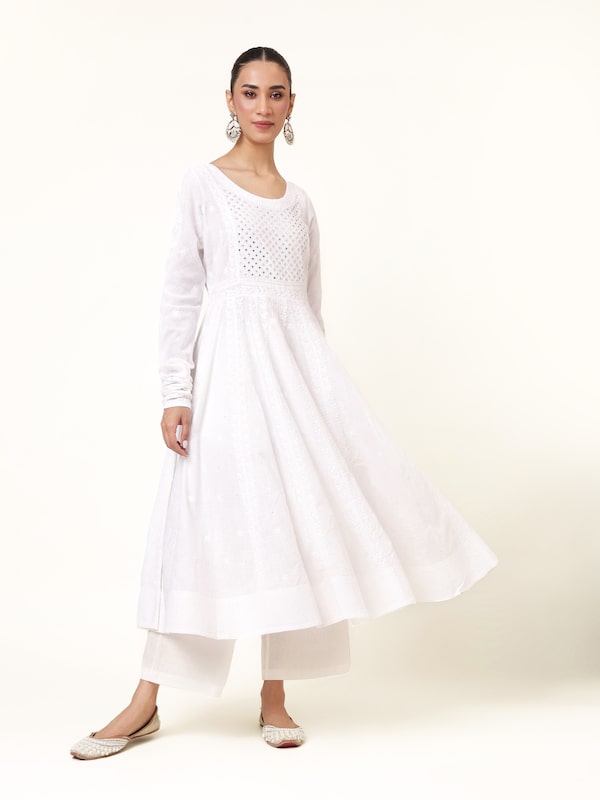White Cotton Chikankari Anarkali Kurta