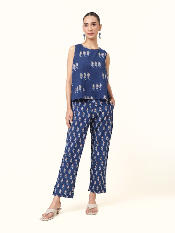 Sleeveless Blue Cotton Dabu Block Printed Top