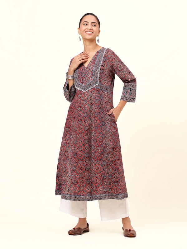 Blue Cotton Ajrakh Block Print A-Line Kurta