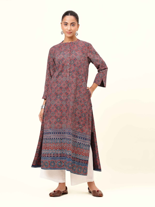 Blue Cotton Ajrakh Block Printed Straight Kurta