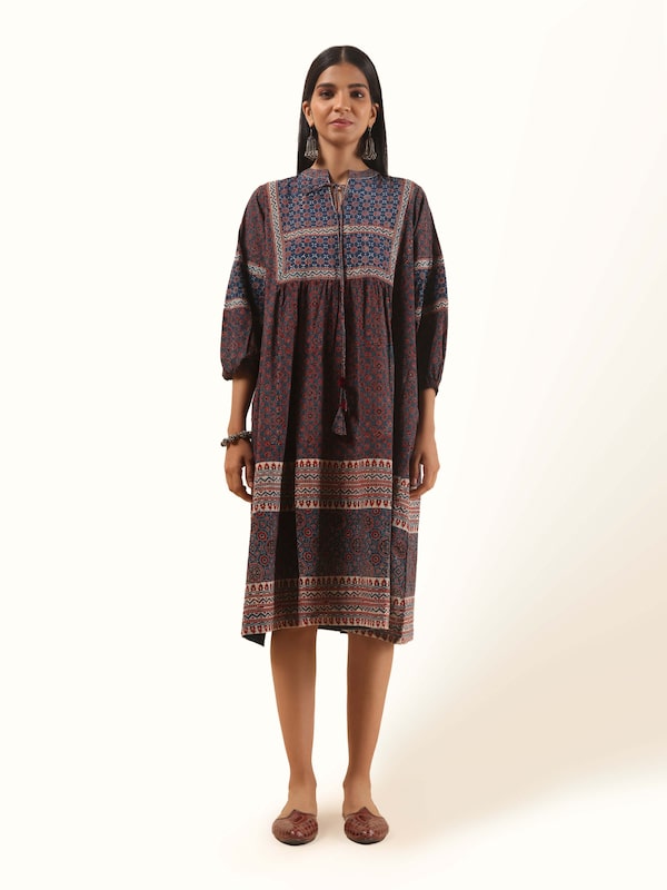 Blue Cotton Ajrakh Block Printed Summer Peasant Dress