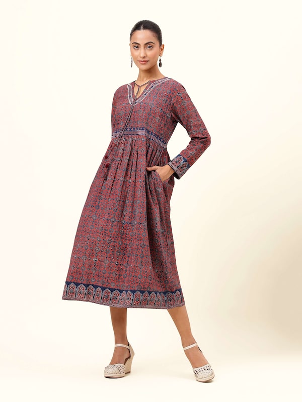 Blue Cotton Ajrakh Block Printed Tie-up Midi Dress