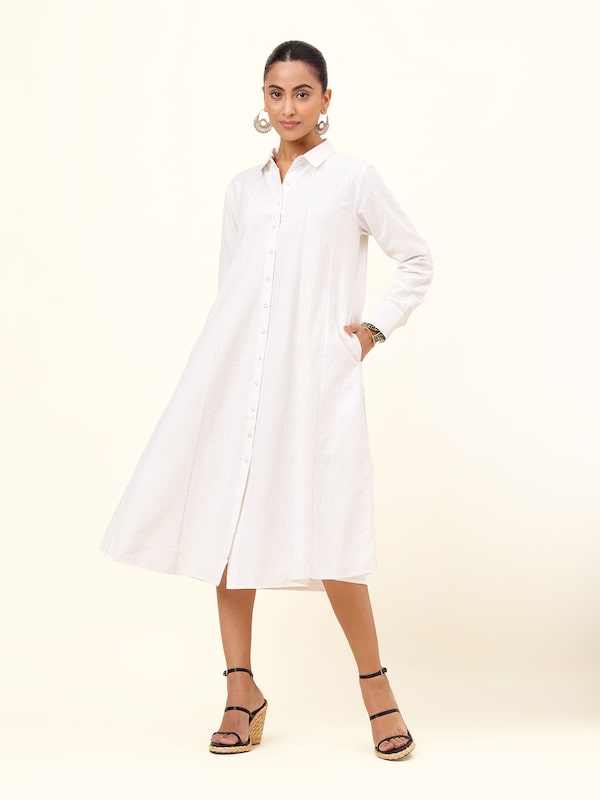 Off-white Cotton Panelled Straight Point Collared Dress