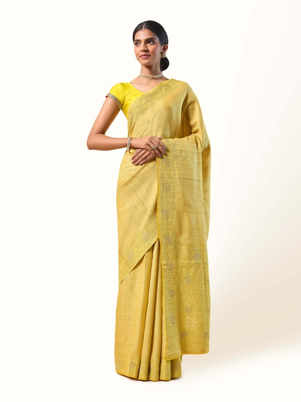 Yellow Silk Chikankari Saree