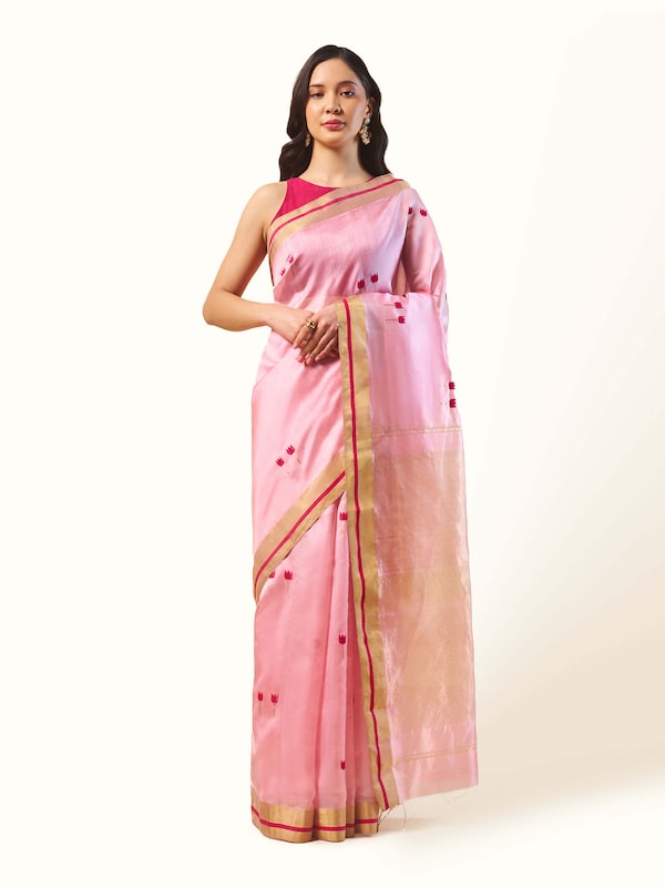Cream Pink Cotton Silk Chanderi Saree