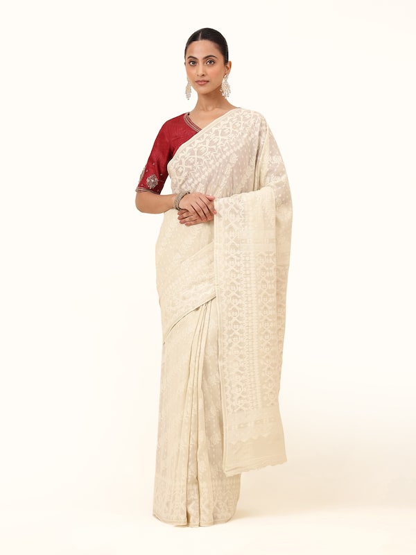 Off-white Muslin Cotton Jamdani Saree