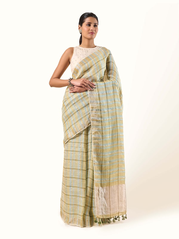 Light Olive Linen Zari Saree