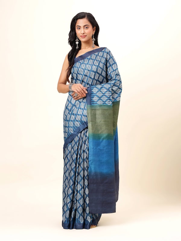 Teal Tussar Silk Discharge Block Printed Saree