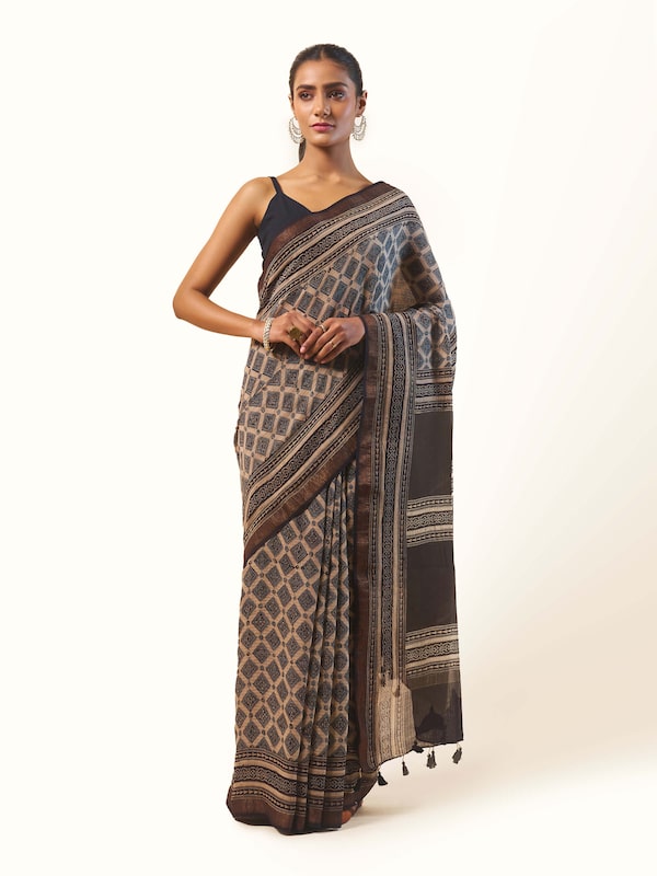 Black Maheshwari Ajrakh Block Printed Saree